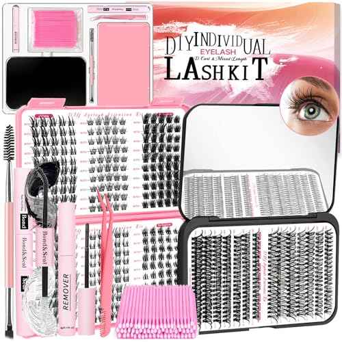DIY Wispy Lash Extension Kit 580Pcs D Curl 6 styles Individual Lash Clusters Eyelash Extension with Lash Bond and Seal,Quick Glue Remover Tweezers Eyelash Brush Mini Applicator
