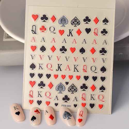 Poker Nail Stickers for Nail Art Palying Card Nail Decals Hearts Spades Clubs Diamonds Stickers for Nails Designs 3D Self Adhesive Nail Supplies & Decorations for Women Girls 1 Sheet