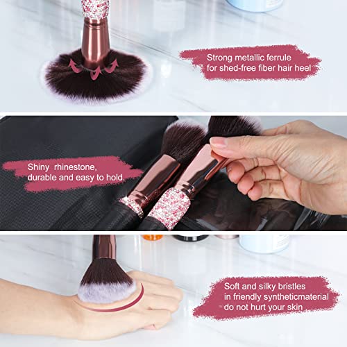 Makeup Brushes Bling Crystal Professional Face Cosmetics Blending Liquid Foundation Powder Concealer Eye Shadows Make Up Beauty Tool Glitter with Pouch Bag Kit Purely Handmade (12PCS) (Pink)
