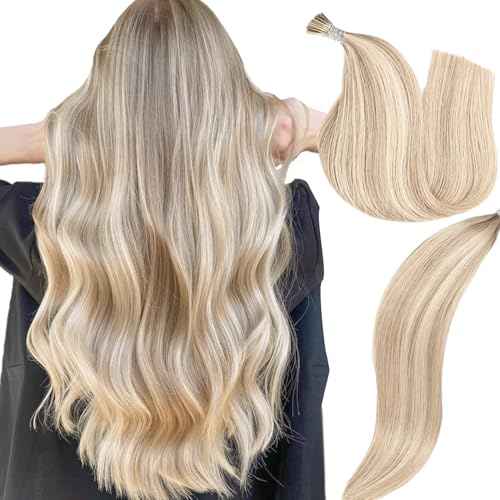 I Tip Hair Extensions - Human Hair, #16/22 Light Blonde Highlighted Bleach Blonde 20 Inch For Women Soft & Natural Itip Human Hair Extensions 50g 60s