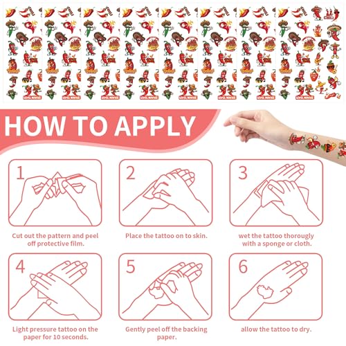 Chili Cook Off Temporary Tattoos - 200 Spicy Pepper Fiesta Decorations Supplies, Mexican Party Favors Fake Tattoo for Cooks Guests, School Prize (8 sheets)