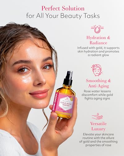 Leven Rose 24K Gold Rose Water Toner - Natural Moroccan Hydrosol for Skin, Sensitive & Anti-Aging, 4 oz