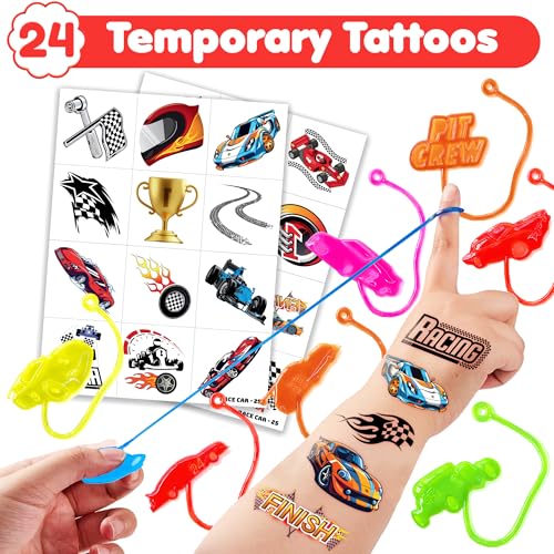 48PCS Race Car Party Favors - 24PCS Temporary Tattoos & 24PCS Stick Hands - Perfect Birthday Party Supplies, Goodie Bag Stuffers, Treasure Box Toys, Classroom Prizes, and Student Gifts