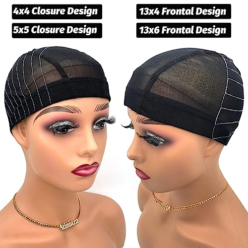 Atimiaza Wig Cap with Guideline Map for Wig Making, Stretchable Mesh Dome Caps with 1 Elastic Band and 4 Wig Combs for Beginners Sewing Wig (Medium: 21"-22", 5 * 5 Closure)