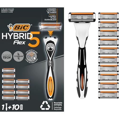 BIC Hybrid 5 Flex Refillable Men's Razor, 1 Weighted Handle and 10 Nano-Tech Titanium 5-Blade Refills with Precision Blade - Bundle of 1+10