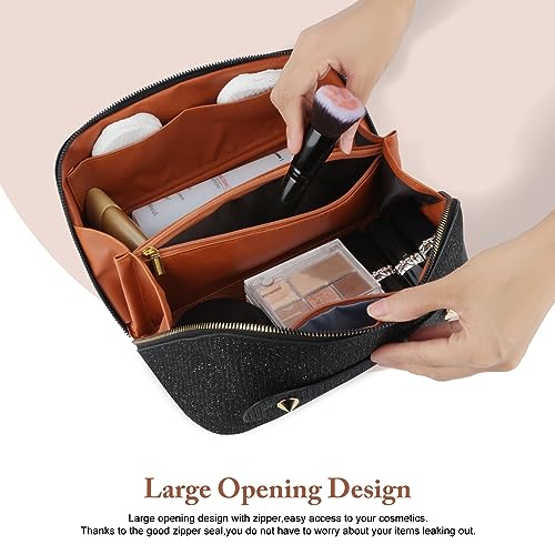 KEYPOWER Large Capacity Glitter Sequin Cosmetic Bag Travel Makeup Bag Sparkly and Shiny Portable Toiletry Bag with Handle for Women (Black)