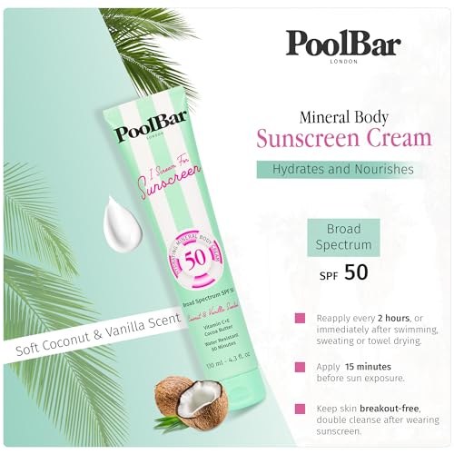 PoolBar SPF 50 Hydrating Mineral Body Sunscreen Cream for Women and Men Skin Care - Coconut Vanilla Scent Sun Care, Vegan and Water Resistant, Broad Spectrum Sunscreen, 130 ml (4.3 Fl. Oz) (Pack of 3)