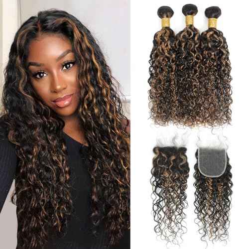 Water Wave 1b/30 Human Hair Bundles with Closure 12 14 16+10 Inch, Black & Golden Brown Balayage Highlight Wet Curly Bundles Sew In Weave, 12A Glossy 100% Unprocessed Virgin Hair Bundles +4x4 Closure