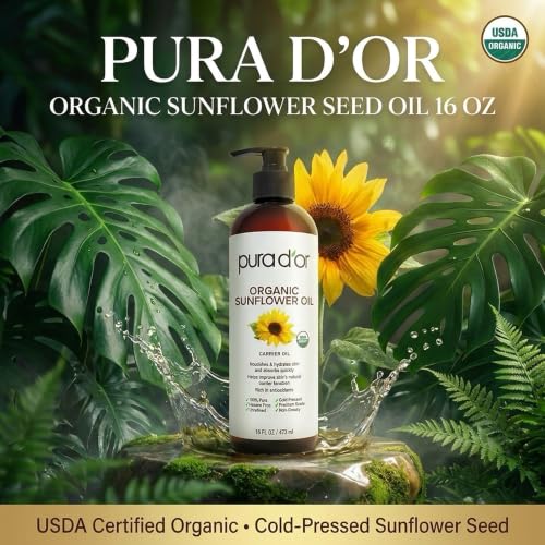 PURA D'OR Organic Sunflower Seed Oil 16 oz - Cold Pressed