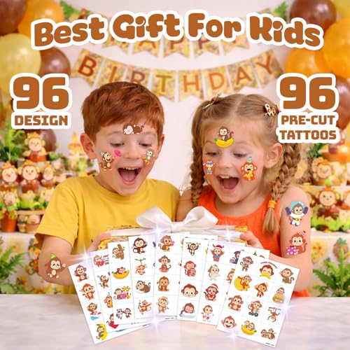 96 PCS Monkey Temporary Tattoos for Kids | Safari Party