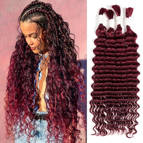 Burgundy Red Human Braiding Hair for Boho Braids - 26 Inch, 4 Bundles