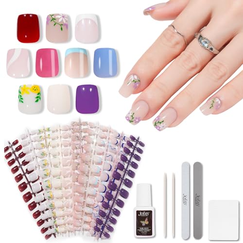 10 Packs (240 Pcs) Nail Tips Soft Gel Acrylic Nail Set Jofay Fashion Nude Pink Flower French Tip Press on Nails, Short Square Fake Nails Glue On Nails with Design Full Cover Nail Kit Salon Manicure