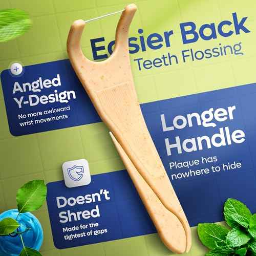 SmartLifeco Eco-Friendly Angled Dental Floss Picks (200ct) - Made with Straw Wheat Blend, Superior Anti-Shred Thread for Molars & Back Teeth, Tooth Pick Stick for Adults, Soft on Gums, Vegan, Mint