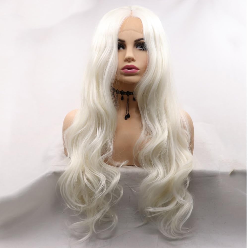 xiweiya White Wigs Long Body Wave Loose Curly Platinum Blonde Synthetic Lace Front Wig 13x3 Lace Wigs Natural Hairline Heat Resistant Fiber Half Hand Tied Hair Middle Part Wig for Women 24inch