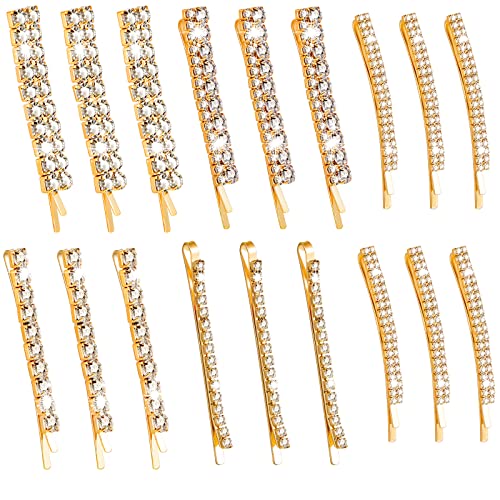 15 Pieces Luxury Bling Rhinestone Hair Clips and Pins for Women and Girls - Clear Crystal Barrettes for Party, Wedding, and Daily Use (Gold)