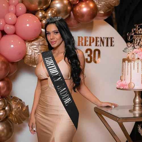 Birthday Baddie Sash and Crown for Women Girls - Black Glitter with Silver Foil Birthday Girl Sash and Crown Funny Birthday Party Favor Supplies