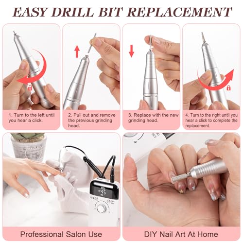 Electric Nail Drill Professional 45000 RPM, White Rechargeable Nail Drill File Machine for Acrylic Gel Nails Polishing Removing, Cordless Efile, Portable Electric Nail File for Manicure Salon Home