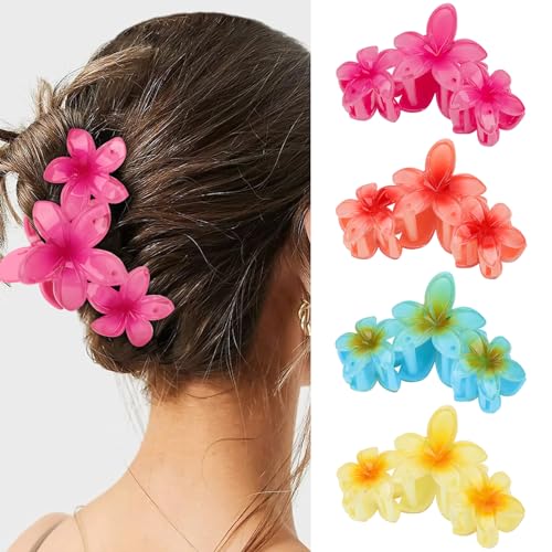 Amariver Flower Hair Claw Clips - 4PCS Glossy Hawaiian Clips for Thick and Thin Hair, Non-Slip Strong Hold Hair Accessories for Women and Girls