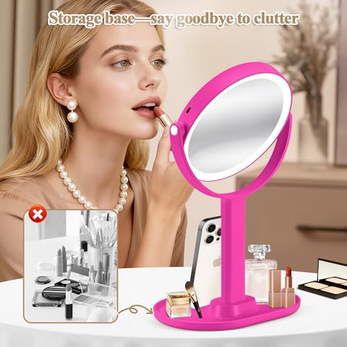 Makeup Mirror with Lights, Double Sided 1x/20x Magnifying Mirror with Light, Rechargeable 3 Color Lights and Adjustable Brightness, 360¡Æ Rotation Detachable Comes with Tweezer(Hotpink)