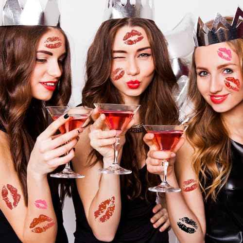 156Pcs Red Lip Kiss Tattoos Temporary - 12Sheets Pink Black Lip Prints Temporary Tattoos for Face Body Waterproof Bright Color Kisses Sticker