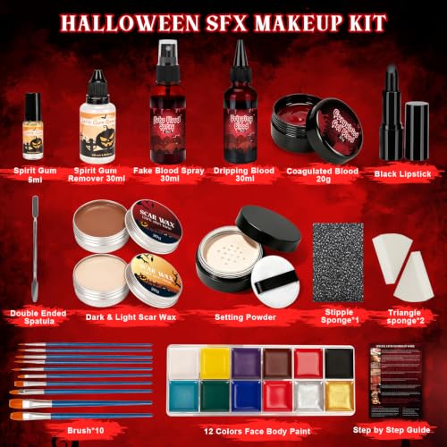 Halloween SFX Makeup Kit 24pcs - Fake Blood, Scar Wax, Face Paint