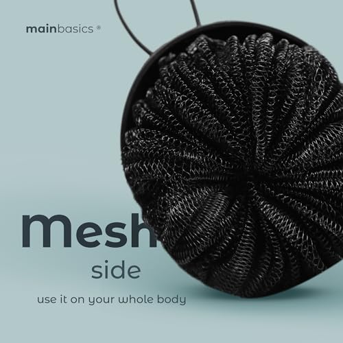 MainBasics 2-in-1 Exfoliating Shower Loofah & Body Scrubber (2 Pack, Black)