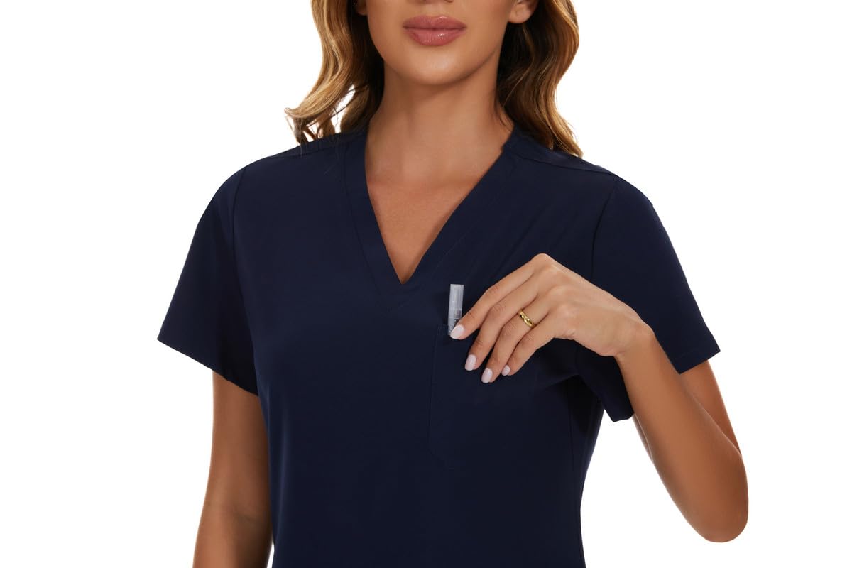 COZYFIT Scrubs for Women Set - Stretch V-Neck Scrub Top & Jogger Pant with 8 Pockets, Yoga Waistband, Anti Wrinkle, Slim Fit Women Scrubs - Navy Blue, XS