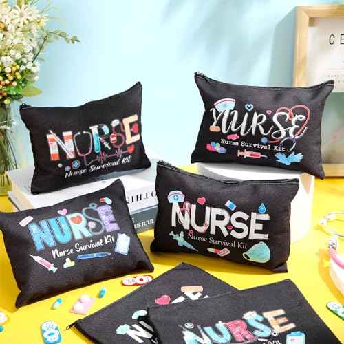 Photect 6 Pieces Nurse Makeup Bags Nurse Canvas Cosmetic Bag Survival Kit Travel Pouch Bag Gift for Women Girls Nurses School Practitioner Supplies(Black)