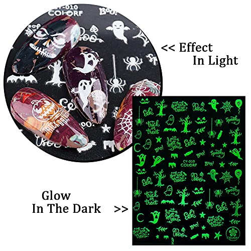 6 Sheets Party Luminous Nail Art Stickers, Santa Claus Snowman Christmas Tree Elk Ghost Snake Spider Web Skull & Crossbones Glow in The Dark Nails Decals, Christmas Eve Festival Holiday Nail Charms