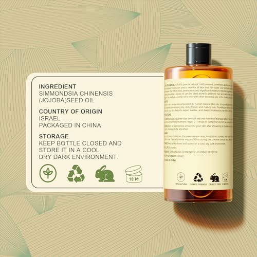 Yoken 100% Pure Jojoba Oil (EWG Verified, 1 Gallon) Organic Jojoba Oil Bulk Cold Pressed Unrefined Hexane Free Virgin Golden Jojoba Carrier Oil for Hair Skin Nails Massage Natural Face Moisturizer