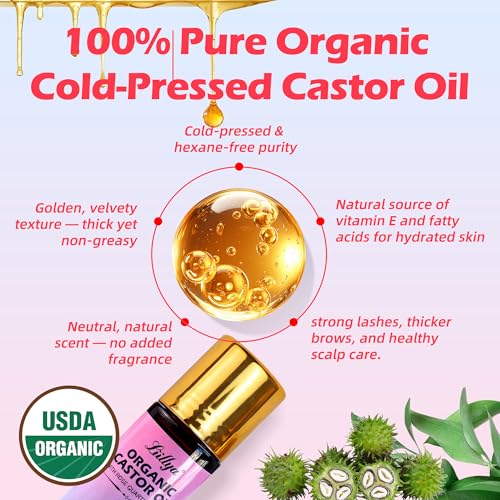Organic Castor Oil Roll On with Rose Quartz Roller, Cold Pressed 1.7oz