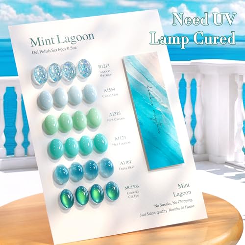 Double Rhythm 6 Pcs Gel Nail Polish Set - Mint Green Cat Eye & Glitter