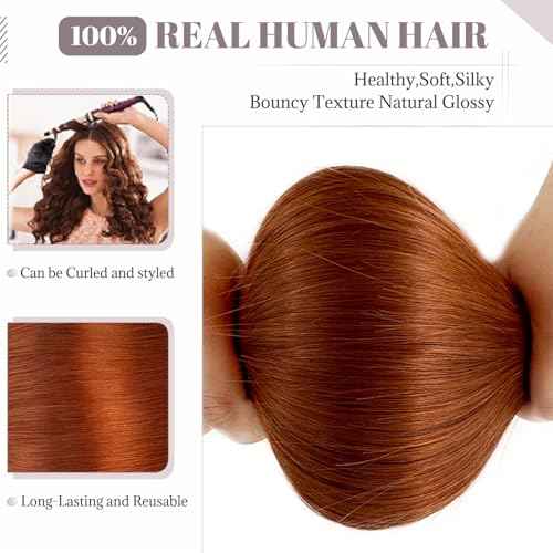 Cooper Weft Hair Extensions Human Hair Light Aubrun Brown Sew in Extension for Short Hairs Double Weft Copper Real Bundles for Women Sew in Thick Red for Adding Hairs 18 Inch 100g