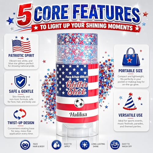 Patriotic Red White Blue Glitter Stick for Face & Body