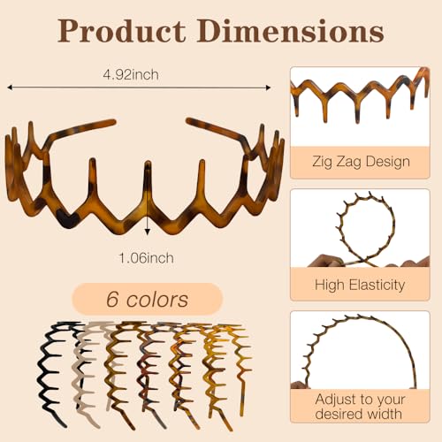 6-Pack Zig Zag Headbands with Non-Slip Teeth for Women