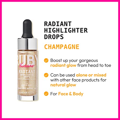 Ruby Kisses Radiant Drops, Shimmer Liquid Highlighter Makeup, Smooth Illuminator for Face Body, Natural Glow Dewiness Glitter for Skin (Champange)