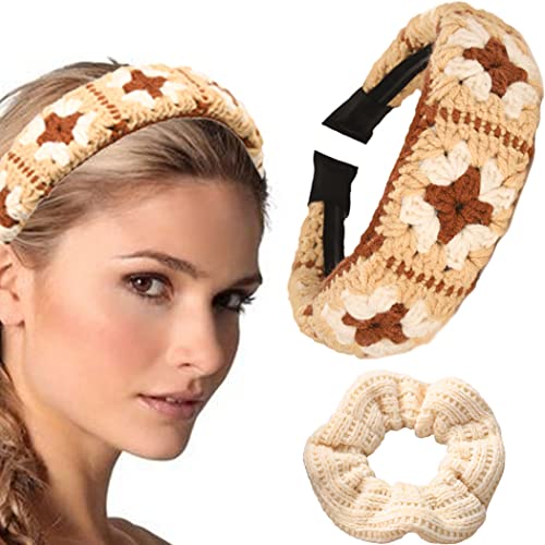 Coridy Wide Crochet Hairbands Boho Big Beaded Headbands Hand-woven Crochet Head bands No Slip Macrame Bohemia Hair Band for Women (Type A)