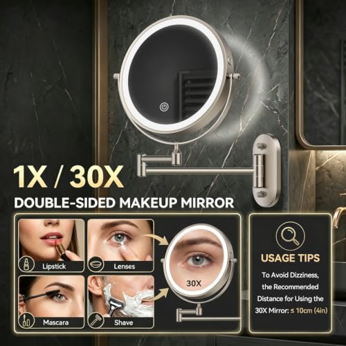 Auxmir 8-Inch Wall Mounted Makeup Mirror 30X Magnification, Rechargeable, Nickel Finish