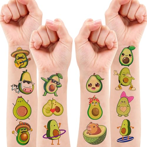 100 PCS Christmas Funny Avocado Temporary Tattoos Sticker Fruit Vegetable Mexican Fiesta Avocado Firts Birthday Party Favors Decorations Supplies Gifts Boys Girls Cute Fake Tattoo School Reward Themed