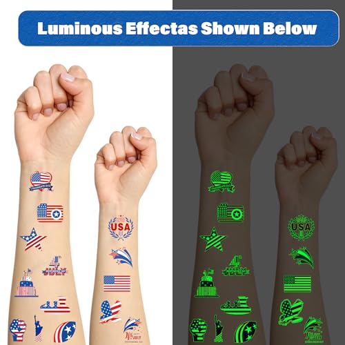 288 Patriotic Temporary Tattoos - 48 Designs, Glow in Dark
