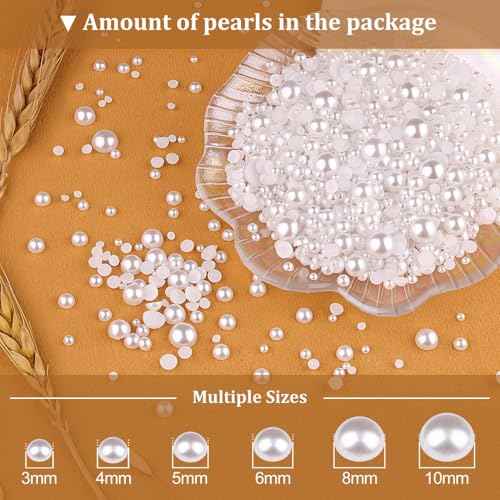 4 Boxes Flatback Pearls for Crafting, Flatback White Half Round Pearls 3-10mm with Pickup Pencil and Tweezer for Home DIY and Professional Nail Art, Face Makeup and Craft