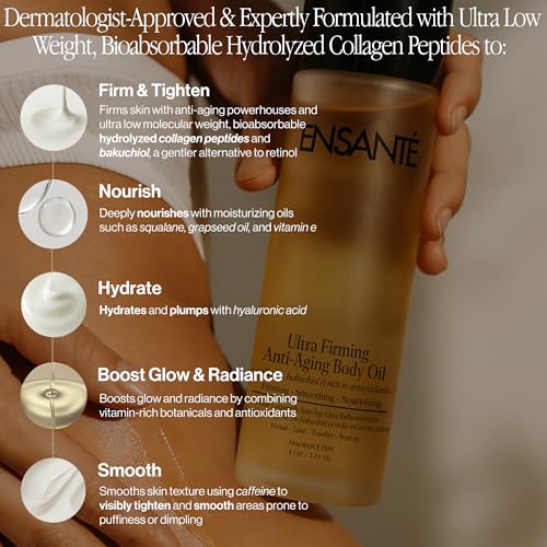 Body Firming Oil with Collagen Peptides, Cellulite Massage Oil, Body Glow Oil, Firming Body Oil for Women, Unscented Body Oil for Skin Tightening & Smoothing, Fast Absorbing, Non Greasy