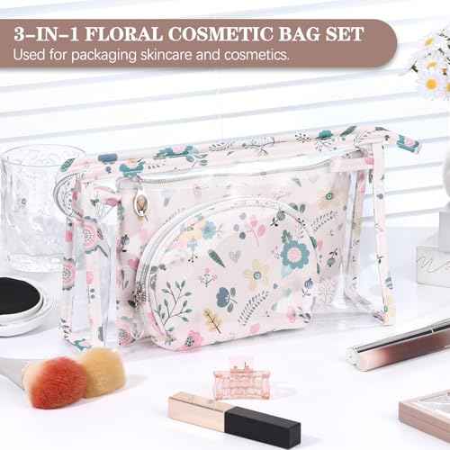 Richeart Makeup Bag, Clear Bag with Zipper, 3PC Floral Flowers Makeup Pouch, Waterproof Small Pouch, Portable Travel Toiletry Bag, C