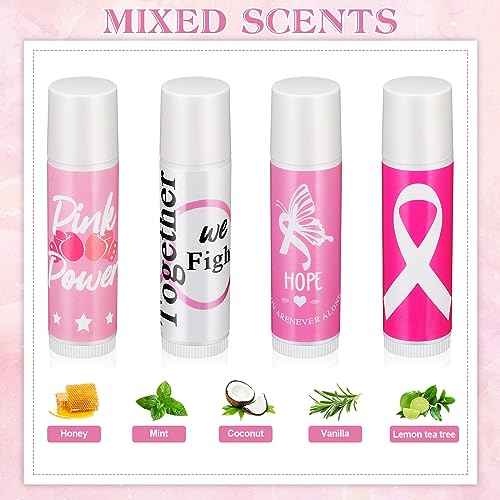 Fumete 100 Sets Breast Cancer Awareness Accessories Gifts Lip Balm Bulks Pink Ribbon Breast Cancer Awareness Items Decorations Natural Ingredients Survivor Gifts Items for Girl Women