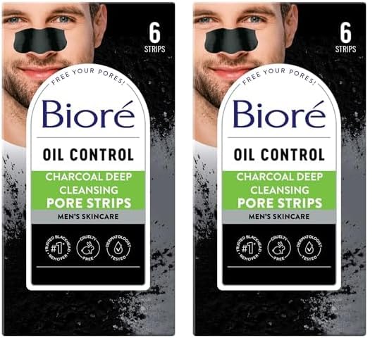 Biore Men's Pore Strips for Blackhead Removal - Deep Cleansing Nose Strips With Natural Charcoal for Instant Pore Unclogging, 6 Count (Pack of 2)