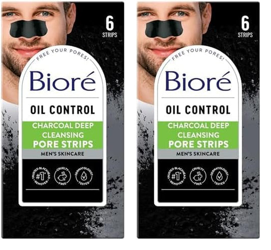 Biore Men's Pore Strips for Blackhead Removal - Deep Cleansing Nose Strips With Natural Charcoal for Instant Pore Unclogging, 6 Count (Pack of 2)