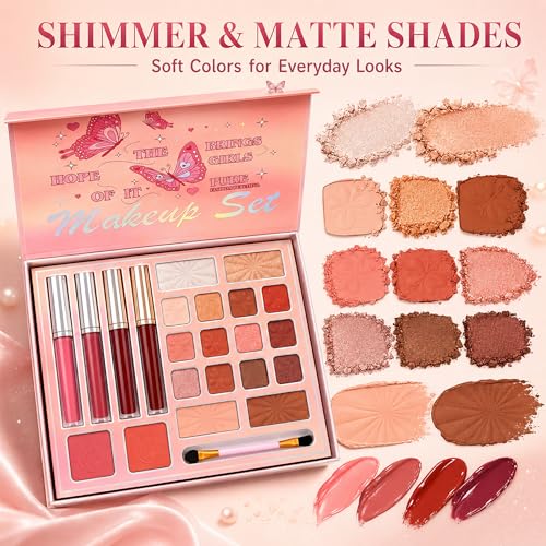 5 in 1 Makeup Palette Set with Eyeshadow, Blush, Highlighter & Brush