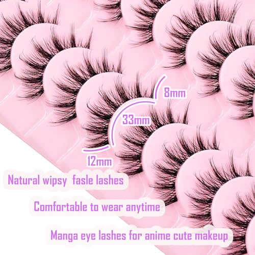 12mm Wispy Manga Anime False Eyelashes, 10 Pairs Reusable