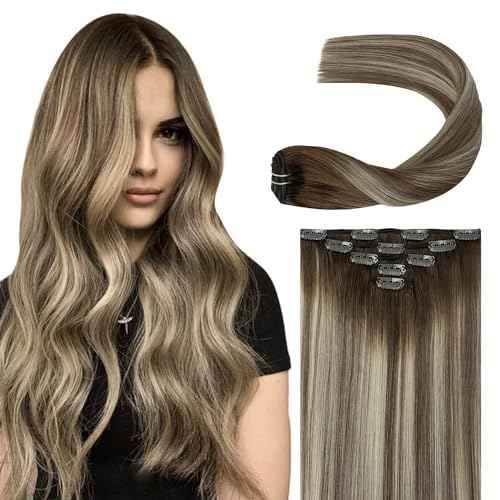 Balayage Human Hair Clip in Extensions Ombre Walnut Brown to Ash Brown Mix Light Blonde 18 Inch Straight Natural Remy Clip on Hair Extensions Invisible Double Weft Clip ins Hair for Women 60G 5 PCS