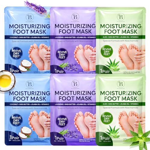 BLOOMORA Moisturizing Foot Mask Socks for Dry Cracked Feet, 6-Pack
